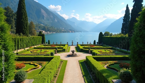 Scenic view of Borromeo Palace gardens Isola Bella lake Maggiore Italy. Green landscape, trees, flowers, fountains, trimmed hedges, paths, water, mountains, blue sky, summer. Travel destination,