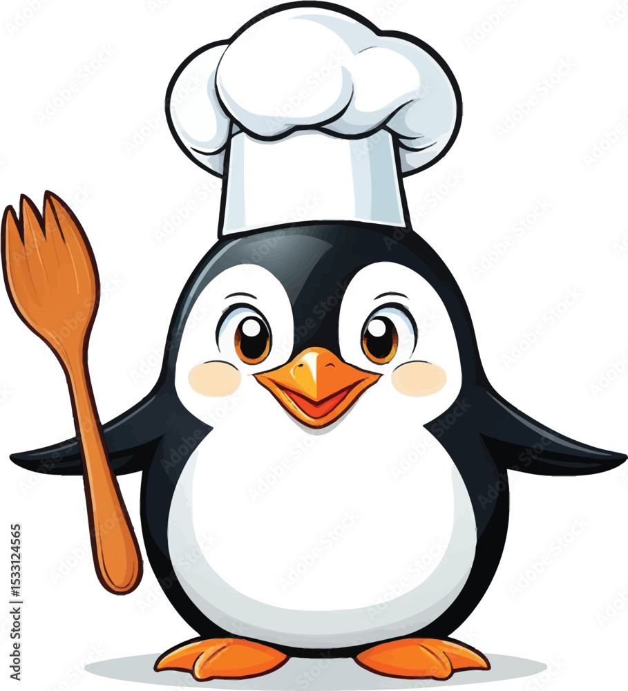 Fototapeta premium Cartoon Penguin Chef With Wooden Spoon Vector Illustration For Food Blogs Kids Menus Culinary Designs And Kitchen Decor