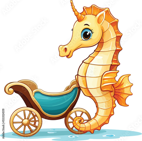 Whimsical Seahorse Unicorn Cartoon With Royal Carriage Fantasy Creature Illustration For Childrens Books And Graphic Design Projects With A Playful Charming And Bright Character