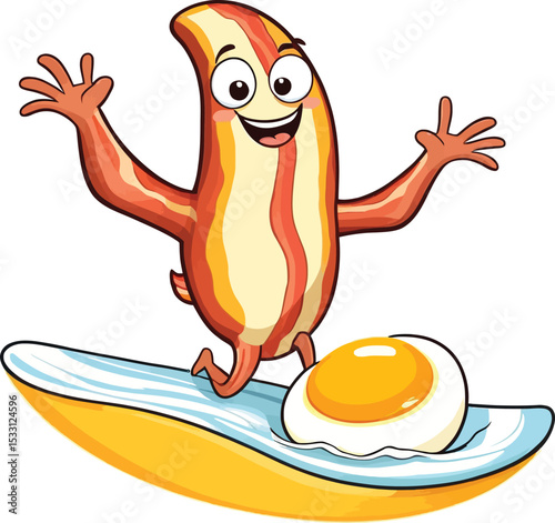 Cheerful Bacon Character With Cartoon Egg Happy Breakfast Food Illustration For Childrens Books Recipe Cards And Culinary Designs