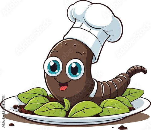 Cartoon Worm Chef On A Plate Illustration For Culinary Education Kids Menus And Healthy Eating Campaigns With A Cute And Cheerful Animation Design Style