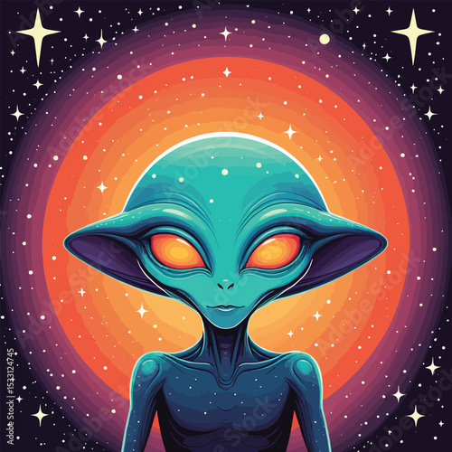 Friendly Alien Portrait Cartoon Extraterrestrial With Big Eyes Against A Starry Cosmic Background For Childrens Illustrations And Sci Fi Themes