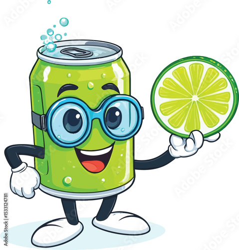 Cartoon Soda Can Mascot Holding Lime Slice Cheerful Character For Summer Refreshment Healthy Drink Campaigns And Beverage Design Illustrated In Vibrant Colors On White Background