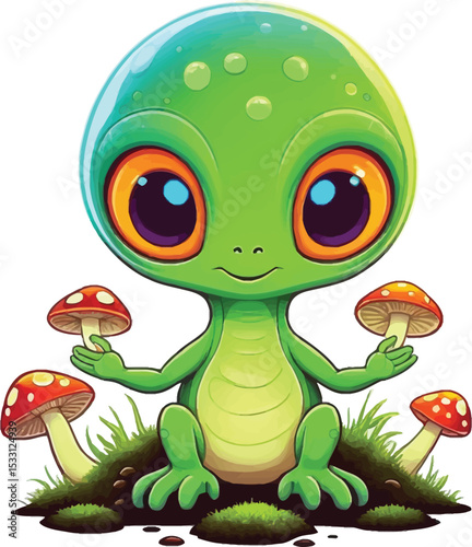 Adorable Cartoon Green Alien Holding Mushrooms Whimsical Illustration For Childrens Books Educational Material And Fantasy Themed Designs Embodying Innocence And Playful Charm