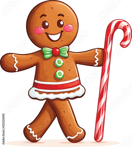 Festive Gingerbread Person Illustration Cartoon Character With Candy Cane For Holiday Cards Banners And Seasonal Designs
