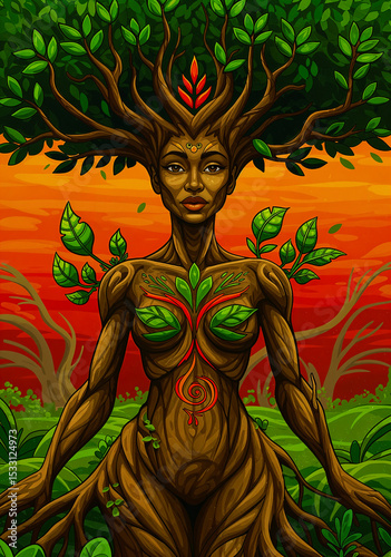 Depicting a powerful tree spirit with intertwining branches and leaves, symbolizing nature and life. The scene evokes an ethereal essence