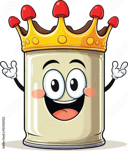 Cartoon Container Character Wearing A Crown A Whimsical Friendly Mascot With Exaggerated Features And Cheerful Expression Perfect For Playful Illustrations Educational Content And Colorful