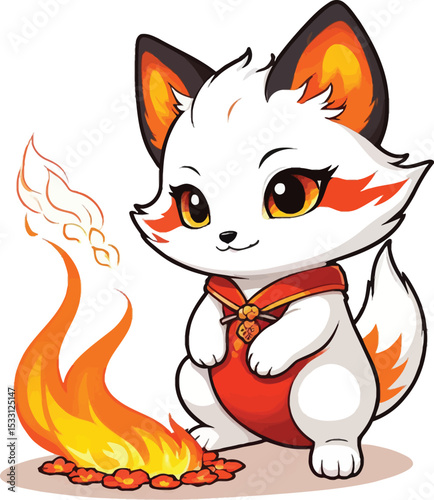 Chibi Nine Tailed Fox With Mystical Fire Cute Cartoon Character For Childrens Books Fantasy Illustrations And Mythological Art Prints