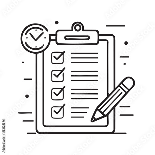 Checklist with clock and pencil for time management tasks vector illustration