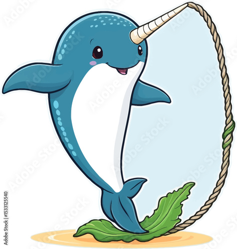Adorable Cartoon Narwhal With Rope Cute Character Illustration For Childrens Books Educational Material And Decorative Designs That Evokes A Sense Of Whimsy And Playful Underwater Adventure