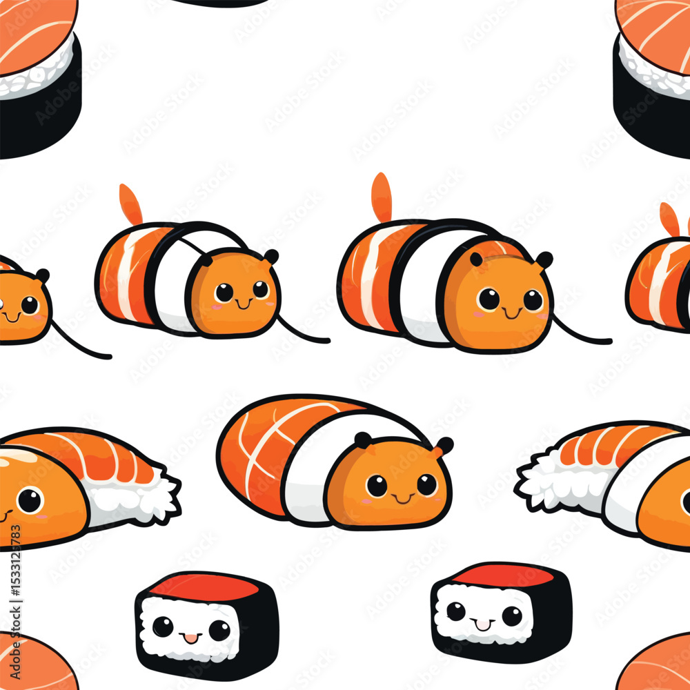 Obraz premium Sushi Kawaii Character Pattern Cute Food Vector Background For Childrens Decor Textile Prints And Japanese Restaurant Menu Design