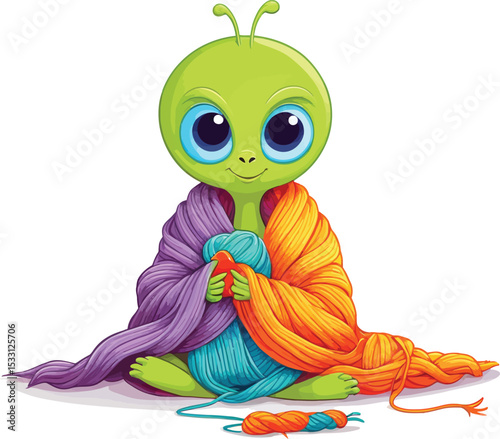 Whimsical Cartoon Alien Knitting With Colorful Yarn Cute Character Illustration For Childrens Books Craft Projects And Creative Design