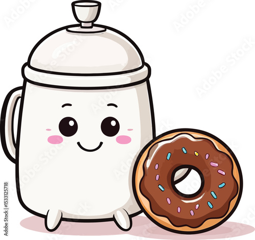 Cute Cartoon Sugar Bowl With Donut Whimsical Illustration For Childrens Books Educational Material And Graphic Design Projects