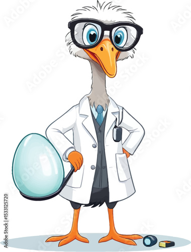 Cartoon Ostrich Scientist Examining Egg Educational Illustration For Childrens Books Science Learning Materials And Animated Explainer Videos