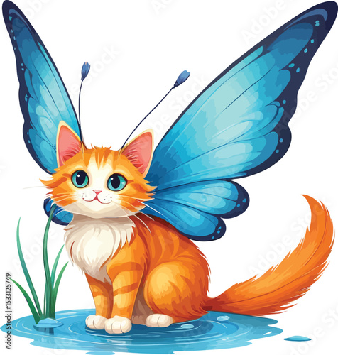Whimsical Orange Tabby Cat With Butterfly Wings Illustration For Childrens Books And Fantasy Art Prints Depicting A Cute Fairy Like Feline In A Watery Landscape On White Background