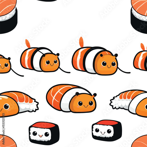 Sushi Kawaii Character Pattern Cute Food Vector Background For Childrens Decor Textile Prints And Japanese Restaurant Menu Design