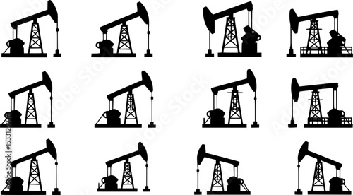 Pump Jack icon vector set. Oil illustration sign. Oil Drilling symbol collection. Oil Pumping logo.
