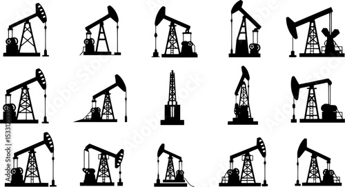 Pump Jack icon vector set. Oil illustration sign. Oil Drilling symbol collection. Oil Pumping logo.

