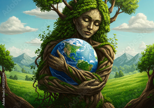 This artwork depicts a harmonious fusion between Mother Nature and humanity, personified by a tree woman cradling the Earth.