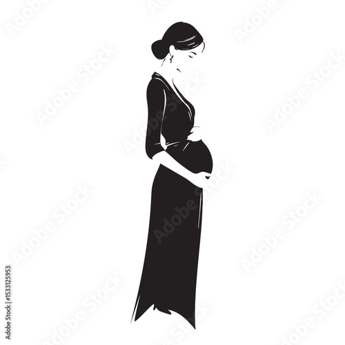 Expecting mother in elegant black dress embracing pregnancy journey vector illustration