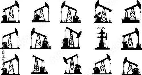 Pump Jack icon vector set. Oil illustration sign. Oil Drilling symbol collection. Oil Pumping logo.
