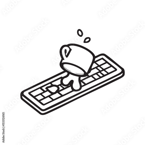 Spilled coffee on computer keyboard creating a messy situation vector illustration