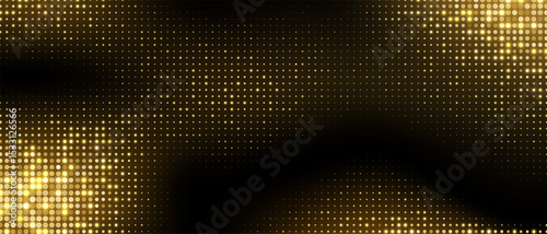 Golden halftone background, abstract glittering dots backdrop, disco texture design, shiny confetti banner. Vector illustration.