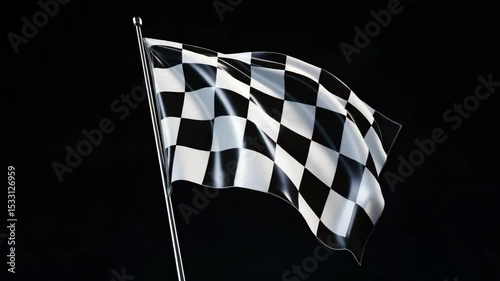 Black and white checkered flag waving on metallic pole with dark minimalist backdrop, slow motion racing concept video perfect for motorsport intros, victory branding, race promotions and adrenaline