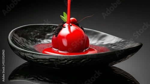 Red gourmet sauce being poured over elegant modern dessert on black ceramic plate, luxurious food styling video with high contrast and minimal background, ideal for culinary branding