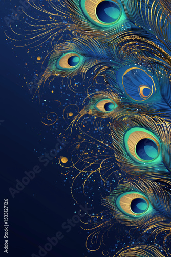 Elegant vector background with glowing abstract peacock feathers in gold and teal tones