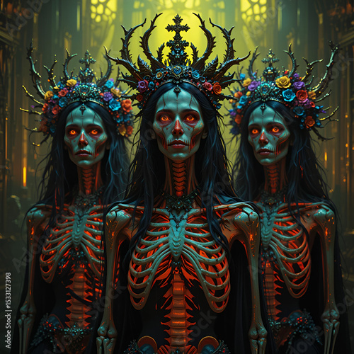 Skeletal figures with macabre ornaments, unnerving lighting, dark fantasy style, neon colors, high detail