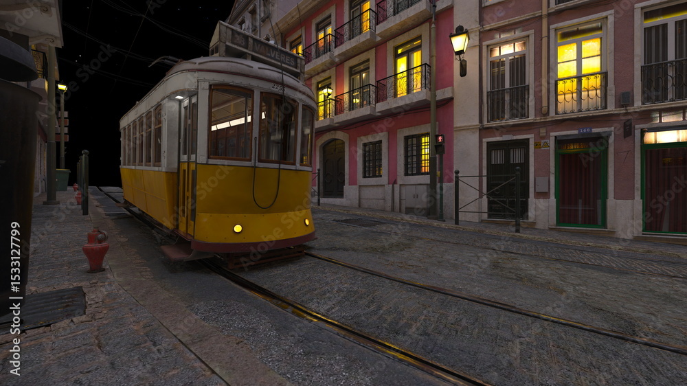 Naklejka premium 路面電車が通る街 3DCGレンダリング 