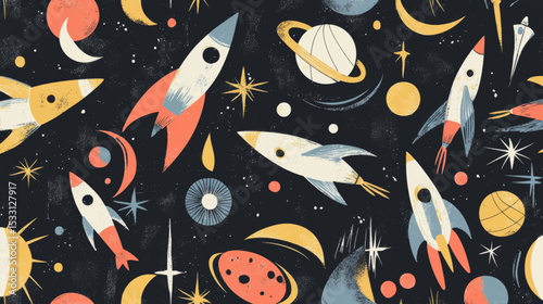 Seamless retro space-themed vector pattern with rockets and planets on dark starry background