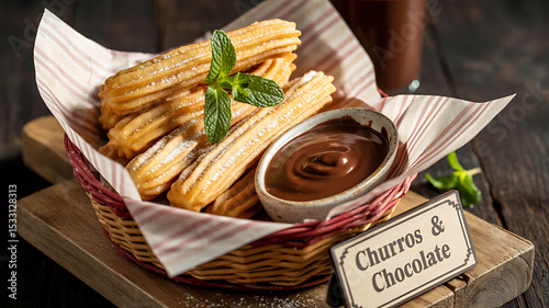 Churros with Chocolate Sauce and Mint Garnish