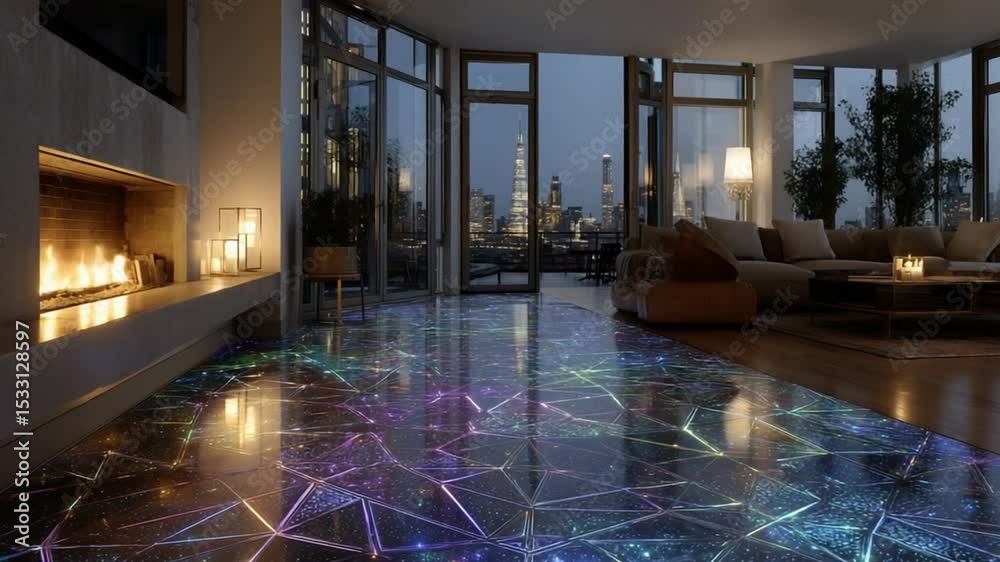 Interior ruang tamu modern dan mewah dengan konsep terbuka yang menghadap ke panorama kota metropolitan di malam hari.