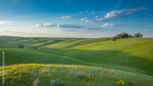 Rolling Green Hills Under a Blue Sky