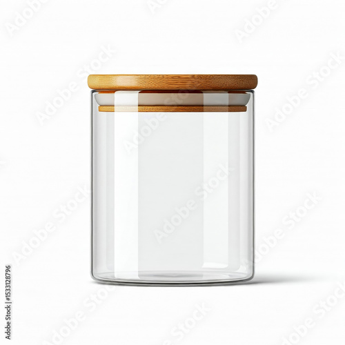 Glass jar with wooden lid isolated on white background