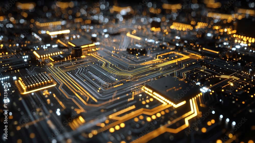 Detailed Close-Up of a Brightly Lit Computer Motherboard Design Detailed Close-Up of a Brightly Lit Computer Motherboard Design