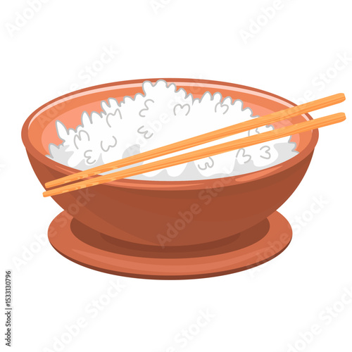Plate of rice with wooden chopsticks without background