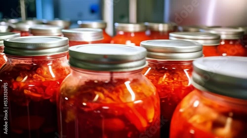 Close-up of glass jars filled with fermented red vegetable food on shelves, showcasing homemade food preservation and kitchen organization