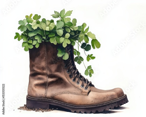 A brown leather boot filled with lush green foliage, symbolizing nature growing from an unexpected object.