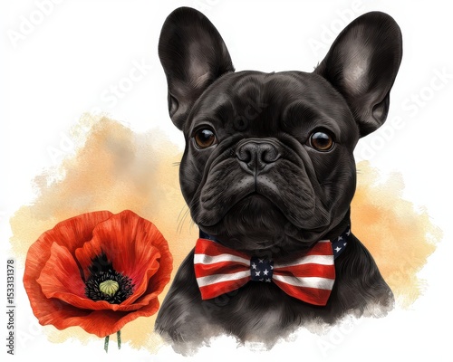 A black French Bulldog wearing an American flag bow tie sits next to a vibrant red poppy flower against a soft watercolor background.