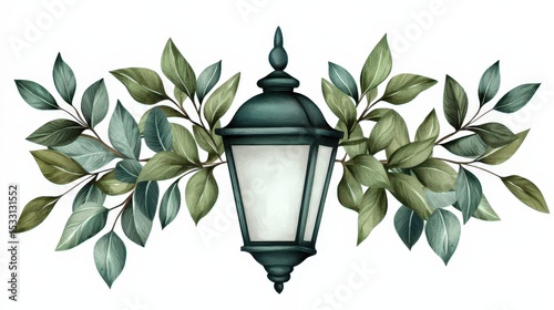 A vintage lantern surrounded by lush green leaves, blending classic design with natural elements in a harmonious, decorative style.