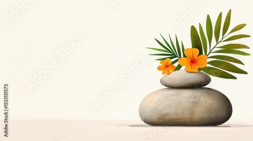 A minimalist arrangement of smooth gray stones topped with vibrant orange flowers and green tropical leaves against a plain white background.