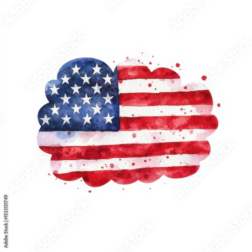 A watercolor painting of the American flag shaped like a cloud with stars on a blue field and red and white stripes splattered with paint drops.