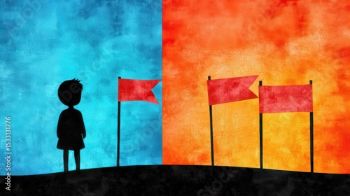 A silhouette of a child stands on a hill with red flags, set against a vibrant blue and orange textured background split into two contrasting halves.