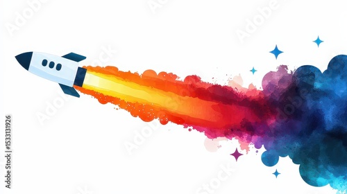 A vibrant watercolor illustration of a rocket launching, leaving a colorful trail of orange, red, purple, and blue smoke with stars in a dynamic ascent.