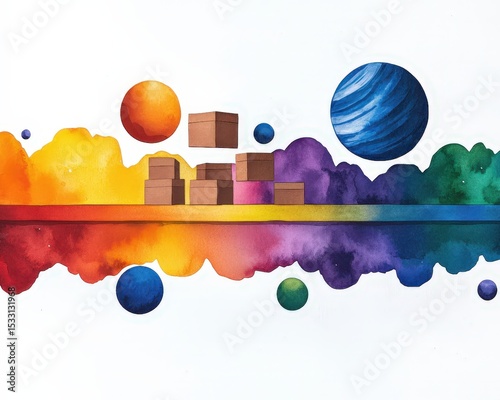 Abstract watercolor painting featuring colorful planets, geometric cubes, and a vibrant gradient cloud spanning warm to cool tones.