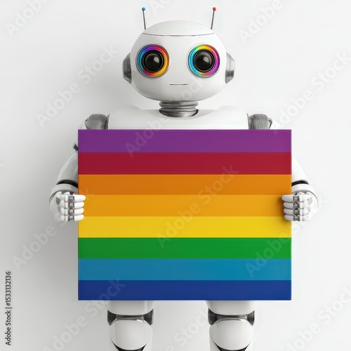 A white robot with colorful eyes holds a horizontal rainbow flag, symbolizing LGBTQ+ pride, against a plain white background.