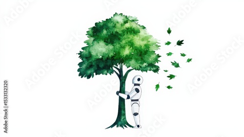 A robot embraces a leafy green tree, with some leaves transforming and floating away, symbolizing the connection between technology and nature.